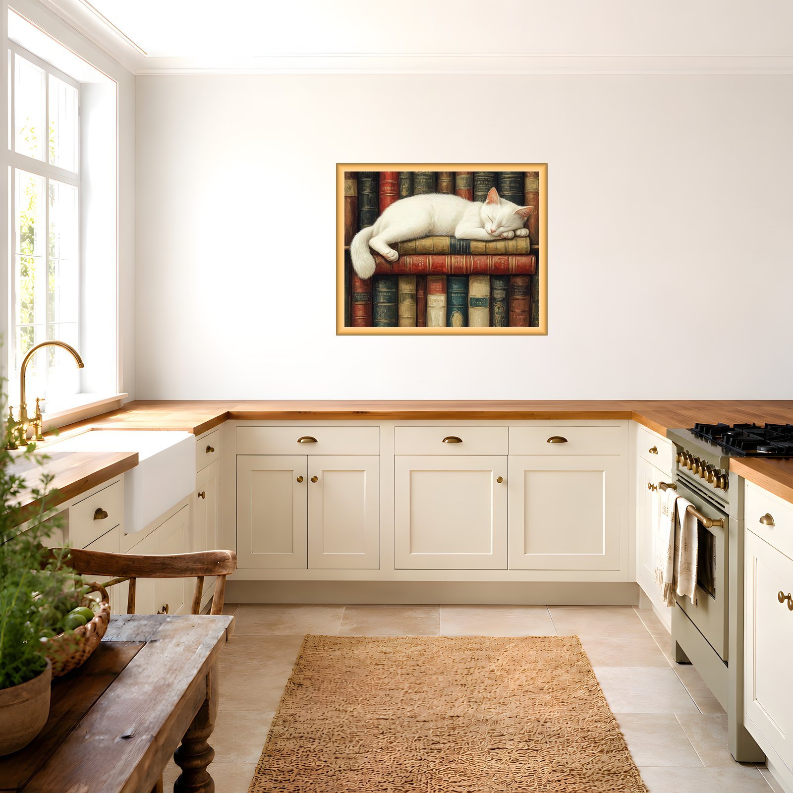 White cat artwork in a Farmhouse kitchen mockup